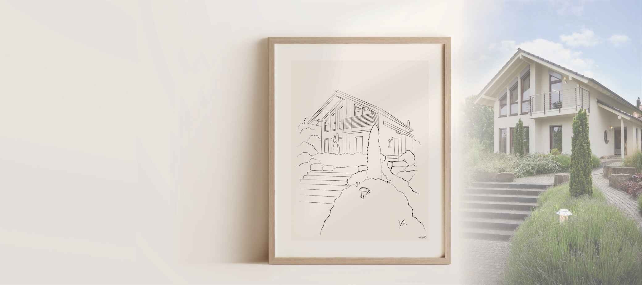 Ein modernes Einfamilienhaus, gezeichnet in Line Art